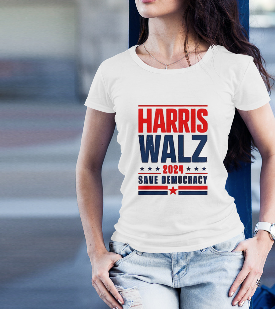 Harris Walz 2024 Save Democracy Red White And Blue Star Motif T-Shirt