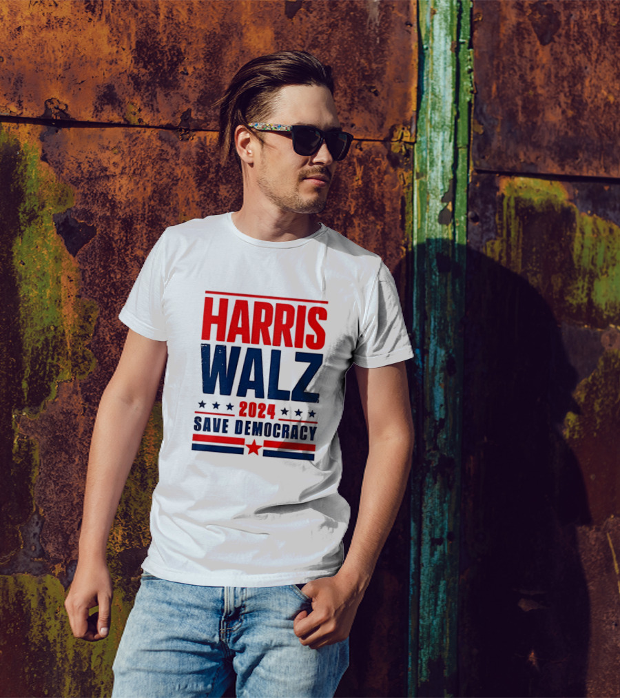 Harris Walz 2024 Save Democracy Red White And Blue Star Motif T-Shirt