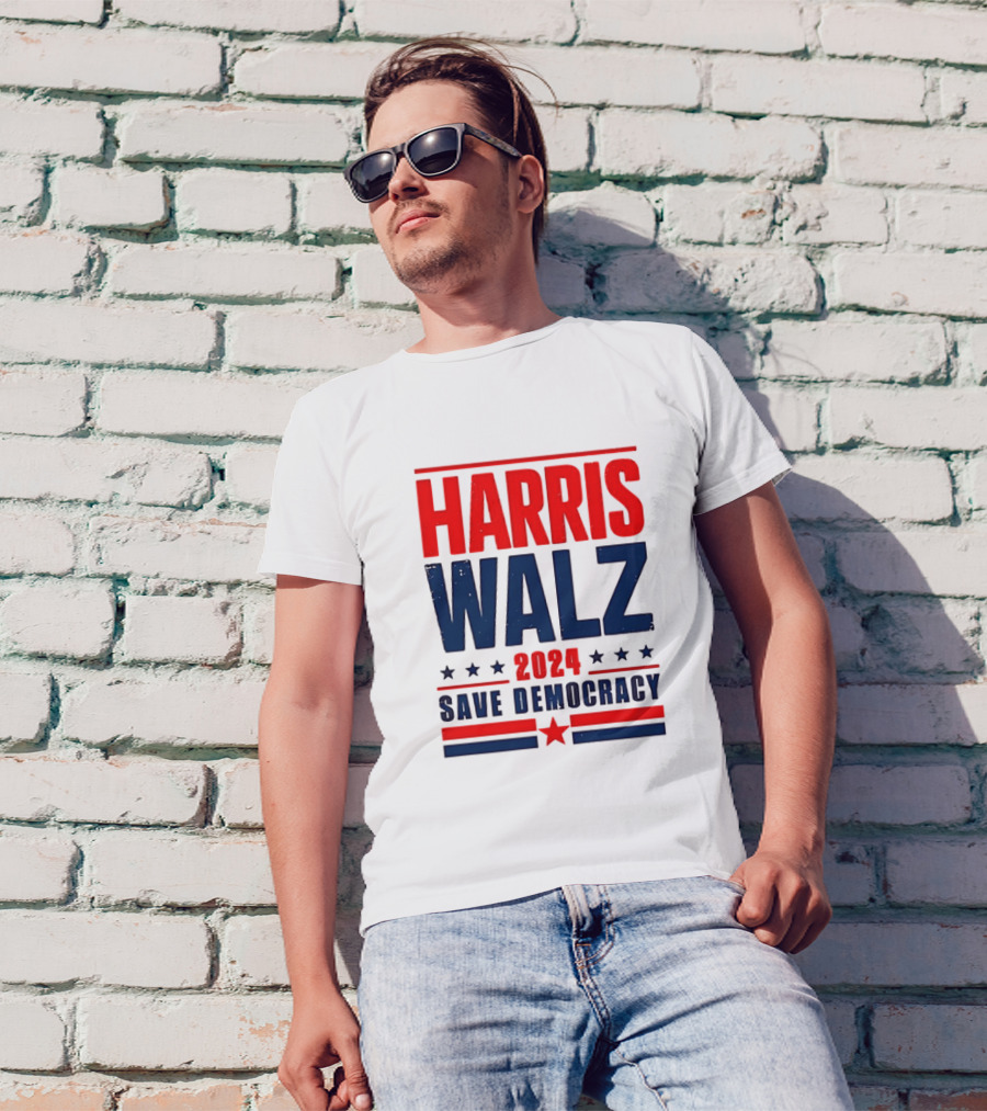 Harris Walz 2024 Save Democracy Red White And Blue Star Motif T-Shirt