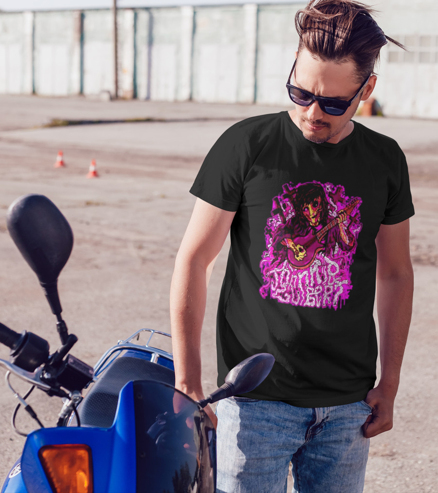 Zombie Johnnie Guilbert Playing Guitar With Pink Crosses And Skull T-Shirt