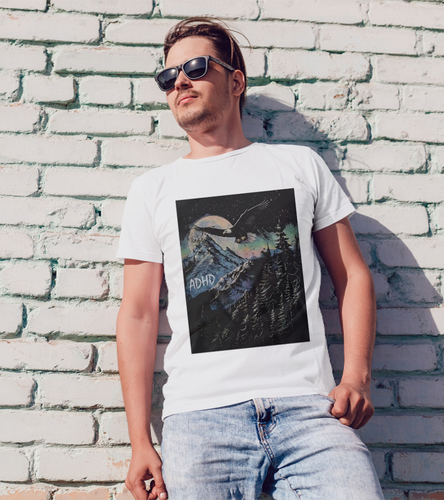 Wavey Goods ADHD Eagle Flying Over Mountains In Starry Night Sky T-Shirt