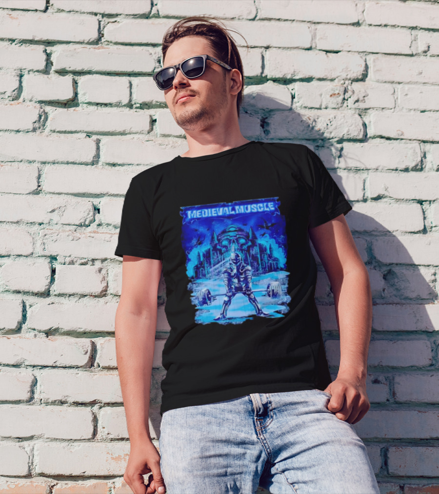 Medieval Muscle Knight Lifting Weights In Gothic Castle Scene T-Shirt