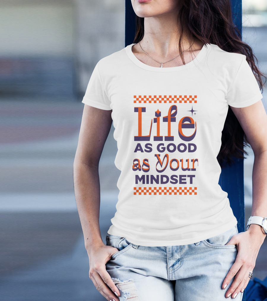 Life As Good As Your Mindset Retro Orange Purple Checkerboard T-Shirt