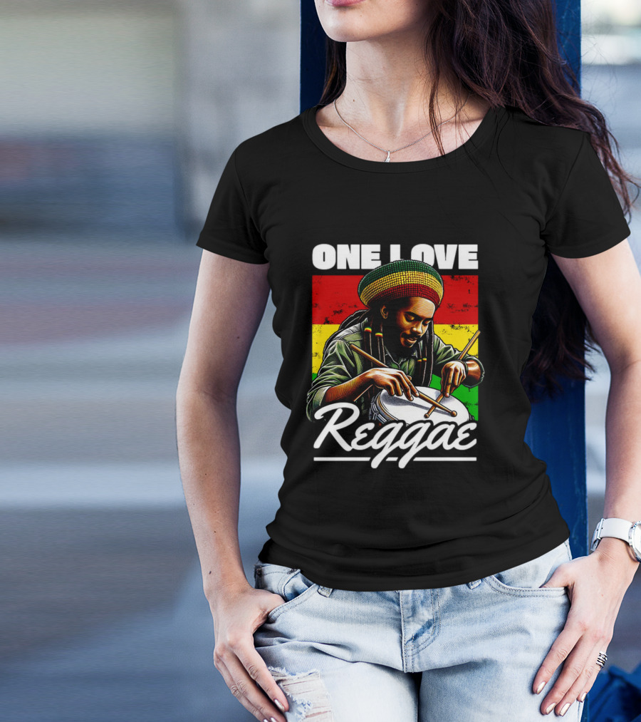 One Love Reggae Drummer With Rasta Colors T-Shirt