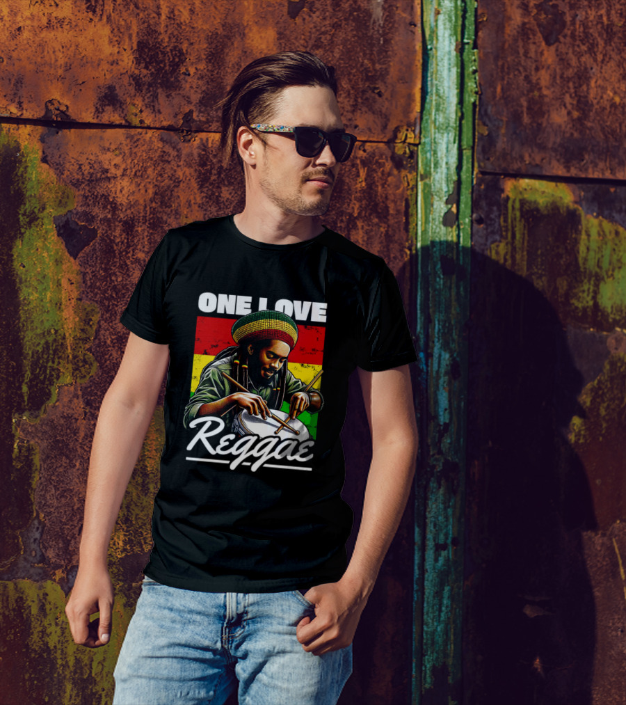 One Love Reggae Drummer With Rasta Colors T-Shirt