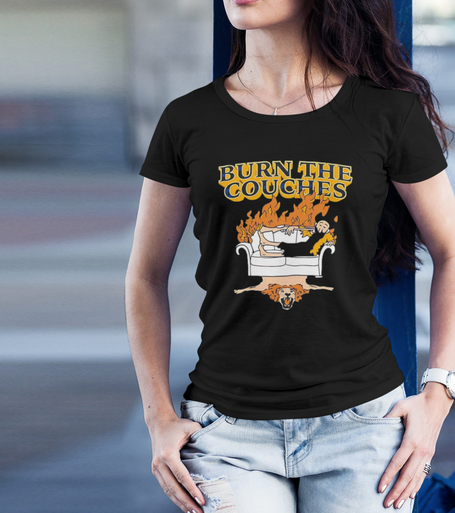 Burn The Couches Flaming Couch Cartoon Lion Rug T-Shirt
