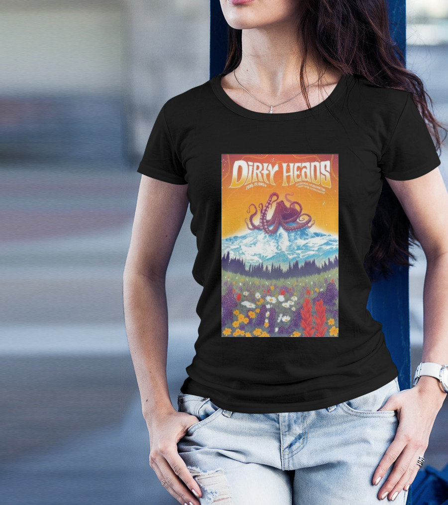 Dirty Heads Aug 17 2024 At White River Amphitheatre With Octopus Mountain Scene And Floral Meadow T-Shirt