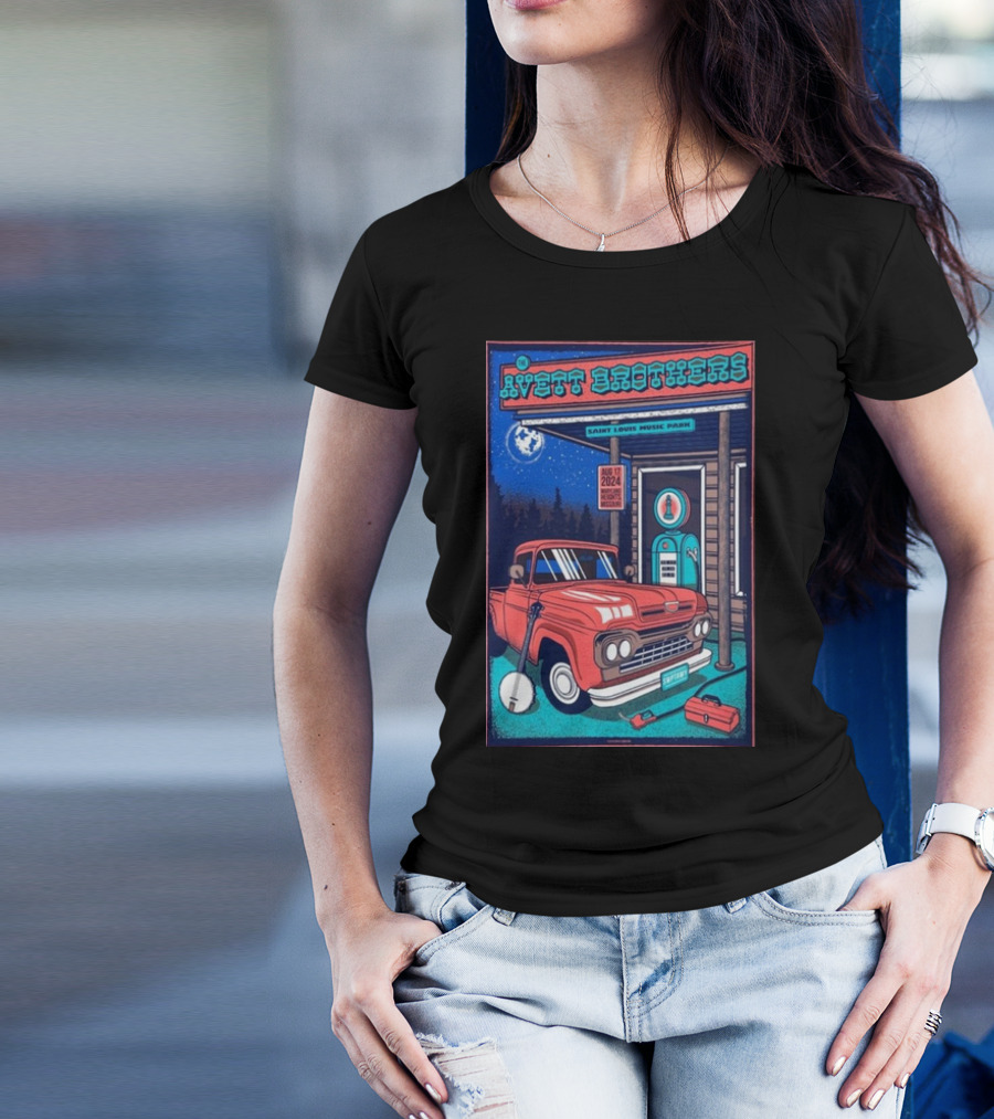The Avett Brothers Concert Poster Saint Louis Music Park Maryland Heights MO August 17 2024 Retro Truck Bluegrass Banjo Moonlit Night Scene T-Shirt