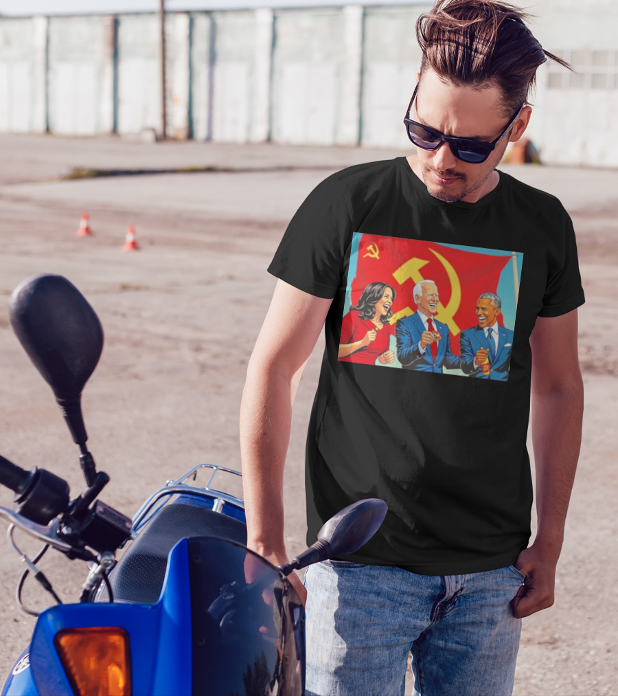 Harris Biden Obama Cartoon In Front Of Communism Flag T-Shirt