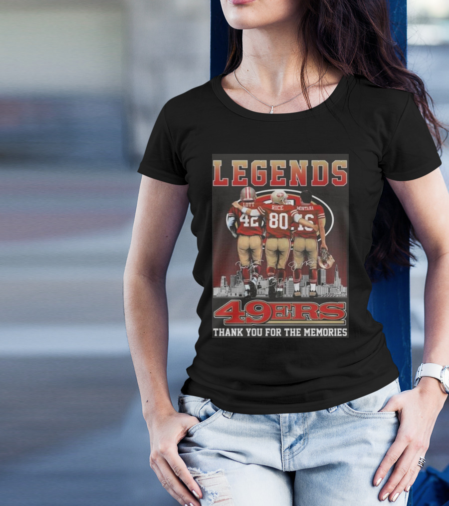 49ers Legends Montana Rice Lott Thank You For The Memories Skyline Signatures T-Shirt
