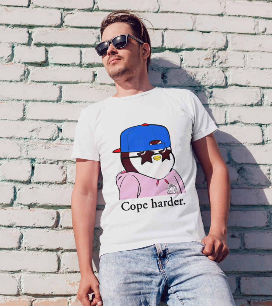 Pudgy Penguin Cope Harder Star Shades Blue Cap Pink T-Shirt
