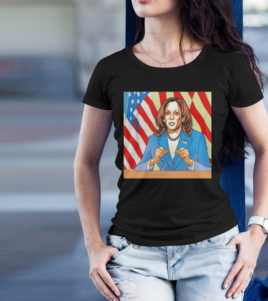 Vice President Kamala Harris Cartoon American Flag Background T-Shirt