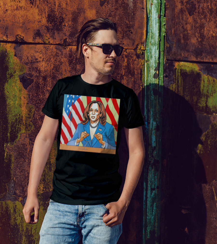 Vice President Kamala Harris Cartoon American Flag Background T-Shirt