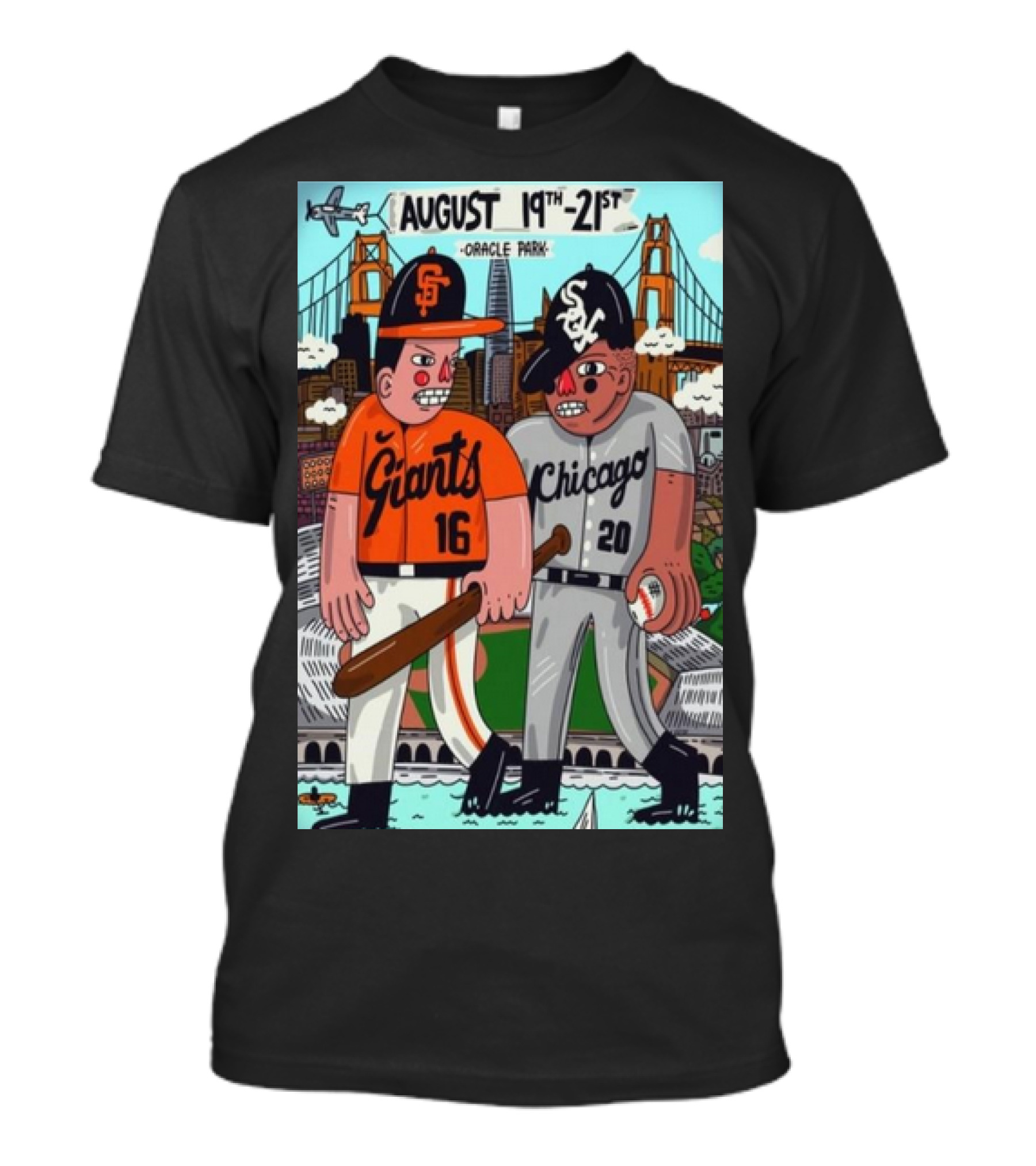 White Sox Vs Giants August 19-21 2024 Oracle Park San Francisco Featuring Cartoon Baseball Players Golden Gate Bridge Backdrop T-Shirt