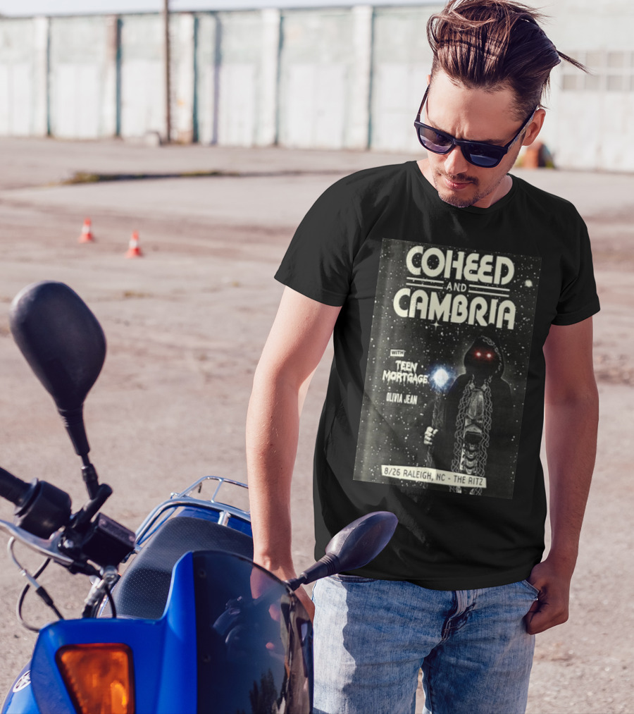 Coheed And Cambria 8/26 Raleigh NC The Ritz With Teen Mortgage Olivia Jean Mysterious Hooded Figure With Cosmic Background T-Shirt