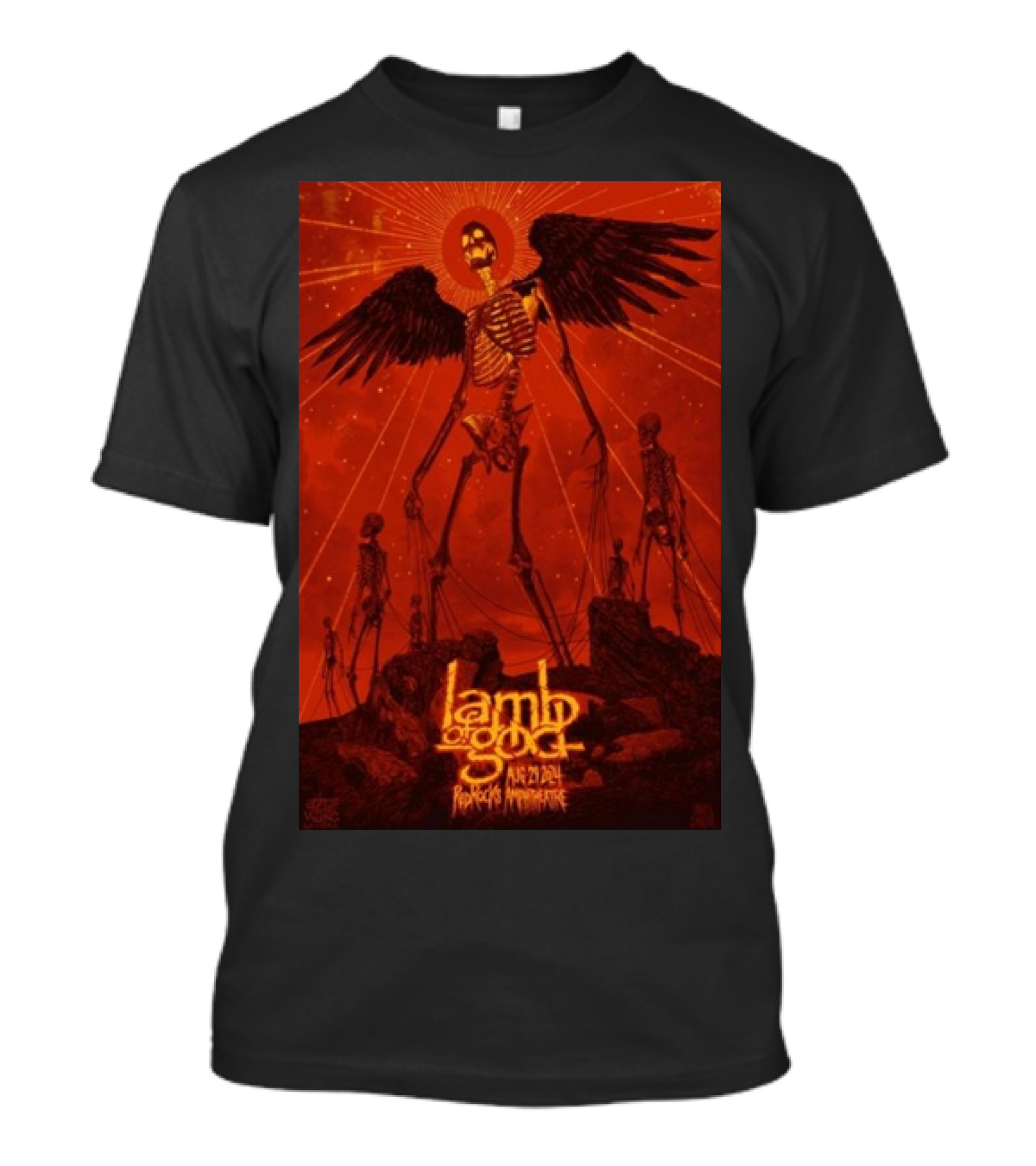 Lamb Of God Aug 29, 2024 Red Rocks Amphitheatre Skeleton With Wings T-Shirt