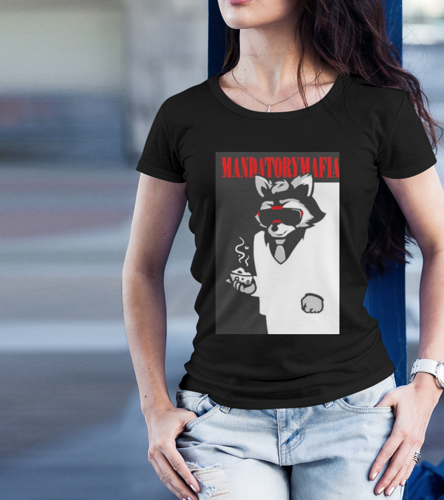 MANDATORY MAFIA RACCOON WITH COFFEE IN SUIT AND SUNGLASSES T-Shirt