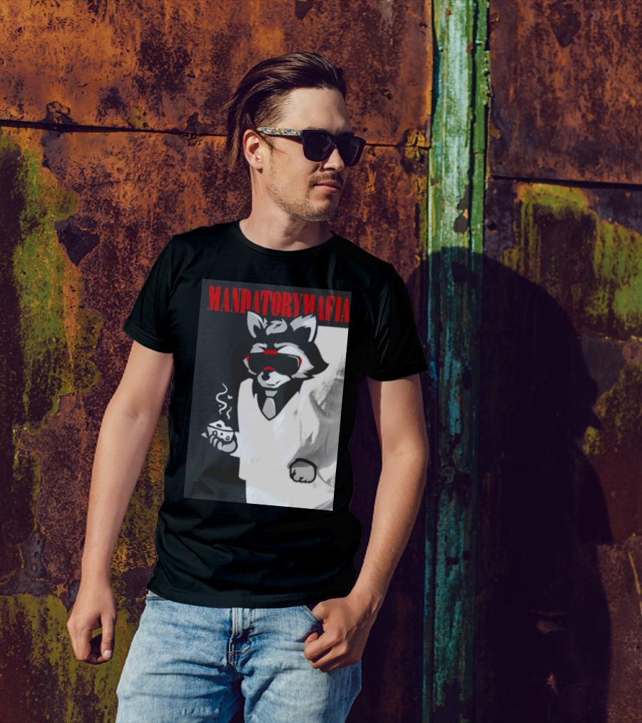 MANDATORY MAFIA RACCOON WITH COFFEE IN SUIT AND SUNGLASSES T-Shirt