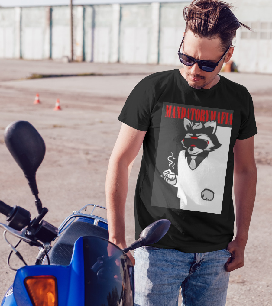 MANDATORY MAFIA RACCOON WITH COFFEE IN SUIT AND SUNGLASSES T-Shirt