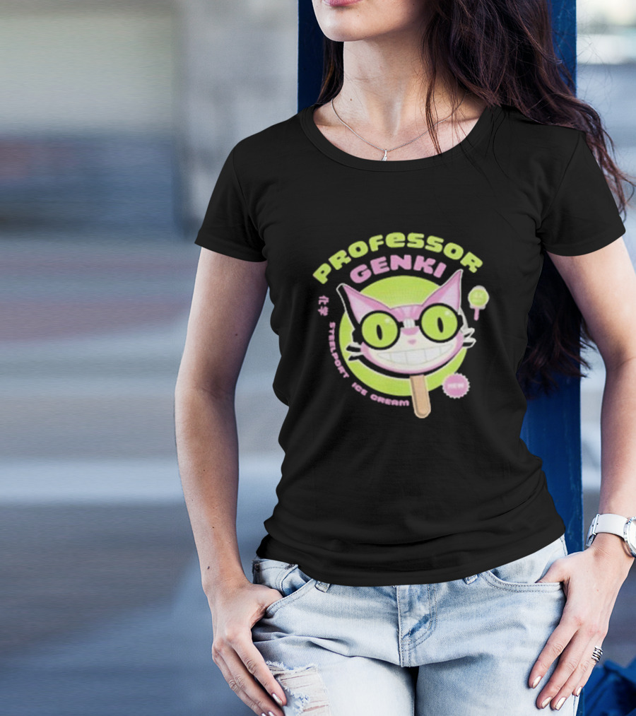 Professor Genki Steelport Ice Cream Cat Neon Green Pink Fun T-Shirt