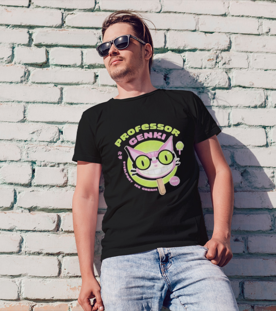Professor Genki Steelport Ice Cream Cat Neon Green Pink Fun T-Shirt