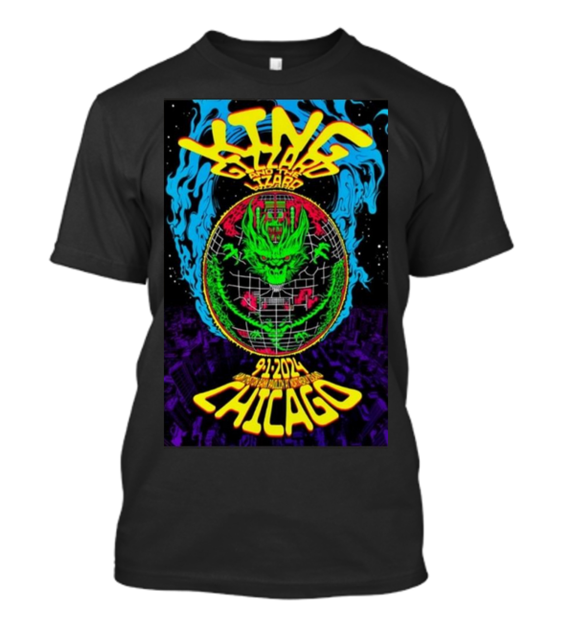 King Gizzard And The Lizard Wizard Sep 1 2024 Chicago Neon Dragon Globe T-Shirt