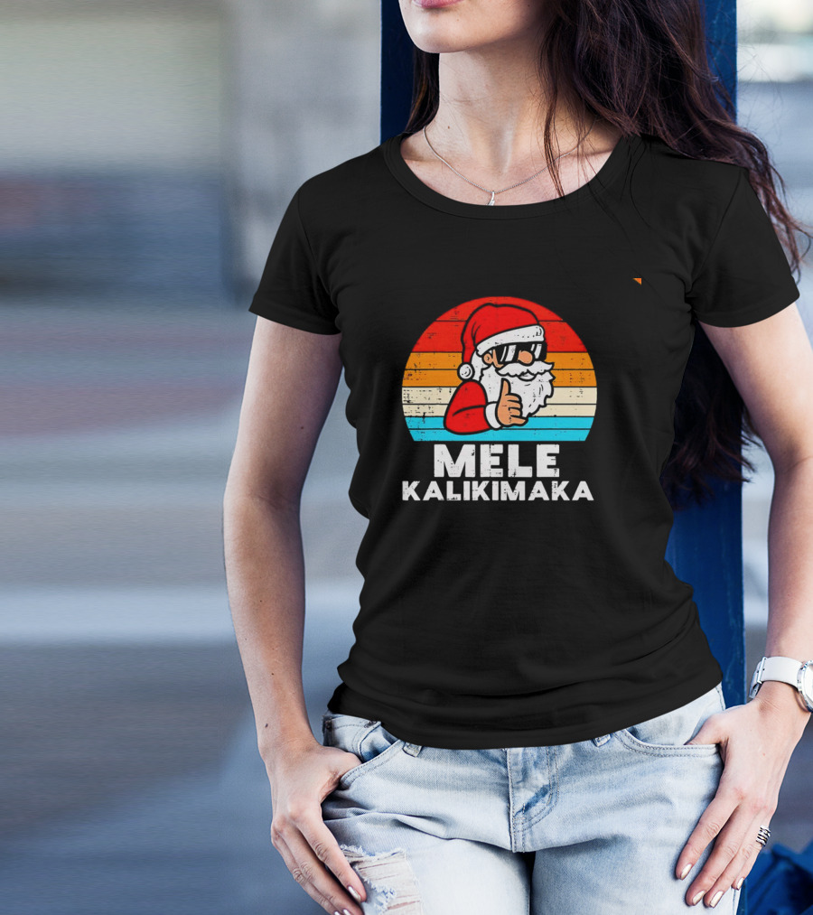 Santa Mele Kalikimaka Christmas Vintage Retro Sunset Thumbs Up T-Shirt