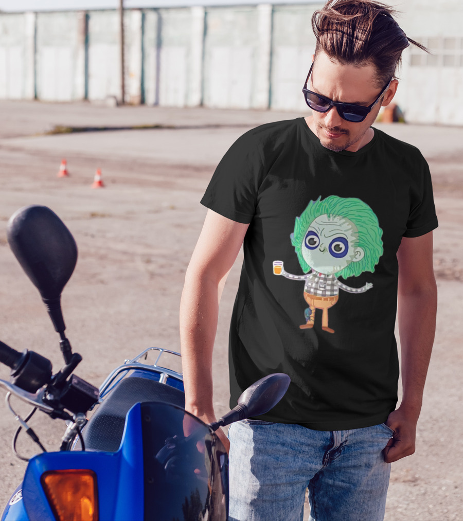 Beetlejuice Ghost Exorcist Cartoon Character With Drink T-Shirt