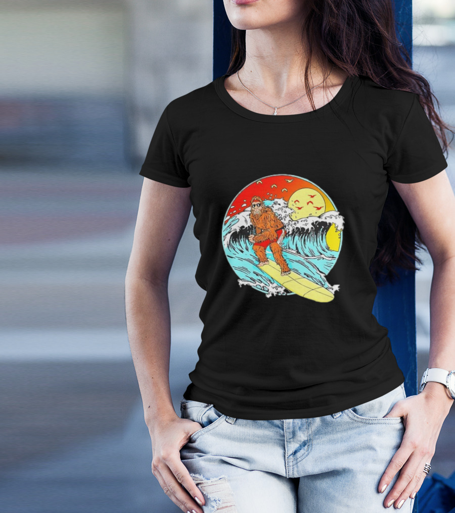 Bigfoot Surfing Sasquatch Retro 80s Beach Waves Sun Fun T-Shirt