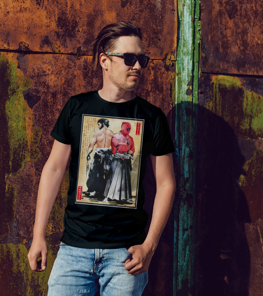 Mutant Samurai And Red Ronin Deadpool Wolverine Woodblock T-Shirt