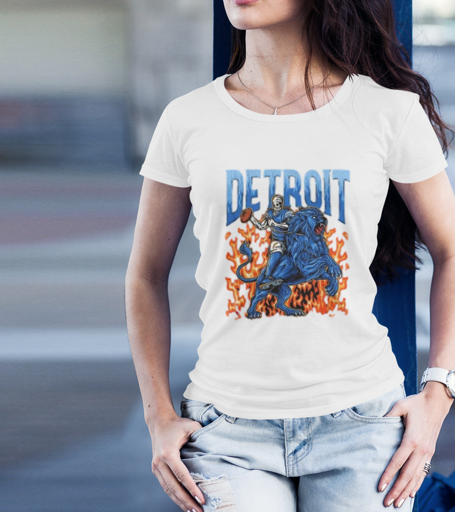 Detroit Lions Skeleton Quarterback Riding Flaming Blue Lion T-Shirt
