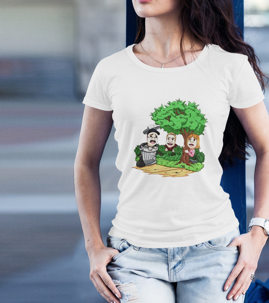 Artem Potokin Little Me Cartoon Characters Hiding Behind Tree And Trash Can T-Shirt