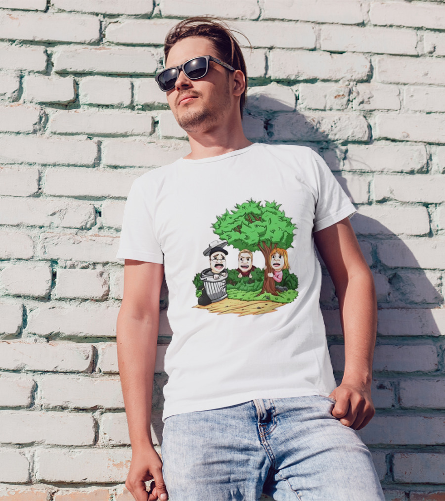 Artem Potokin Little Me Cartoon Characters Hiding Behind Tree And Trash Can T-Shirt