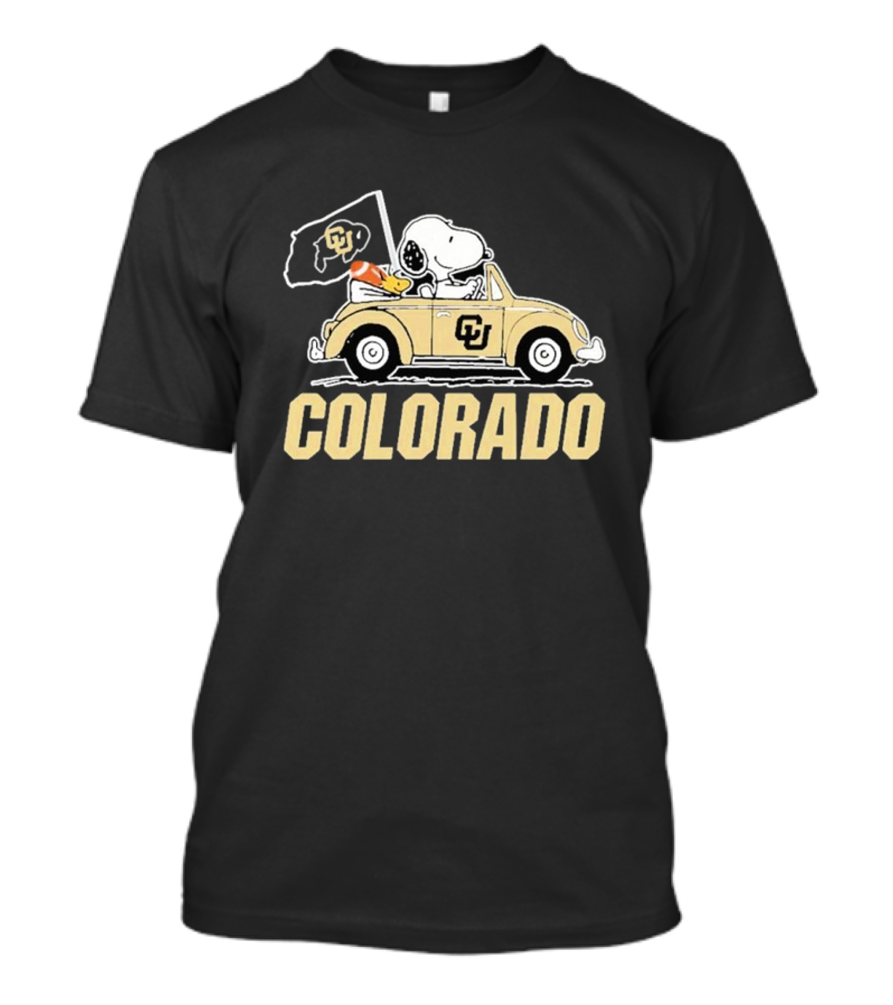 Snoopy And Woodstock Driving Colorado Buffaloes Car With CU Flag T-Shirt