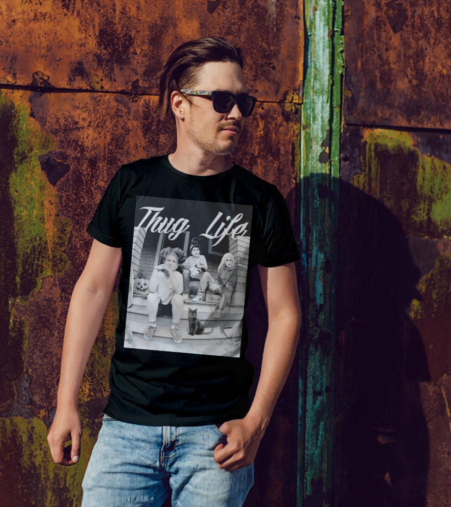 Hocus Pocus Thug Life Witchy Trio With Black Cat And Pumpkin Porch Scene T-Shirt