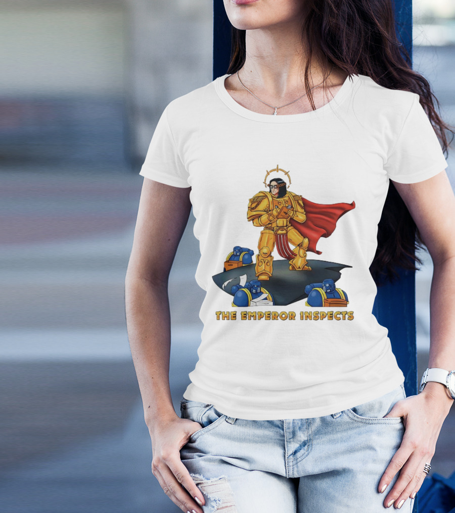 The Emperor Inspects Power Armor With Red Cape And Space Soldiers On Dark Platform T-Shirt