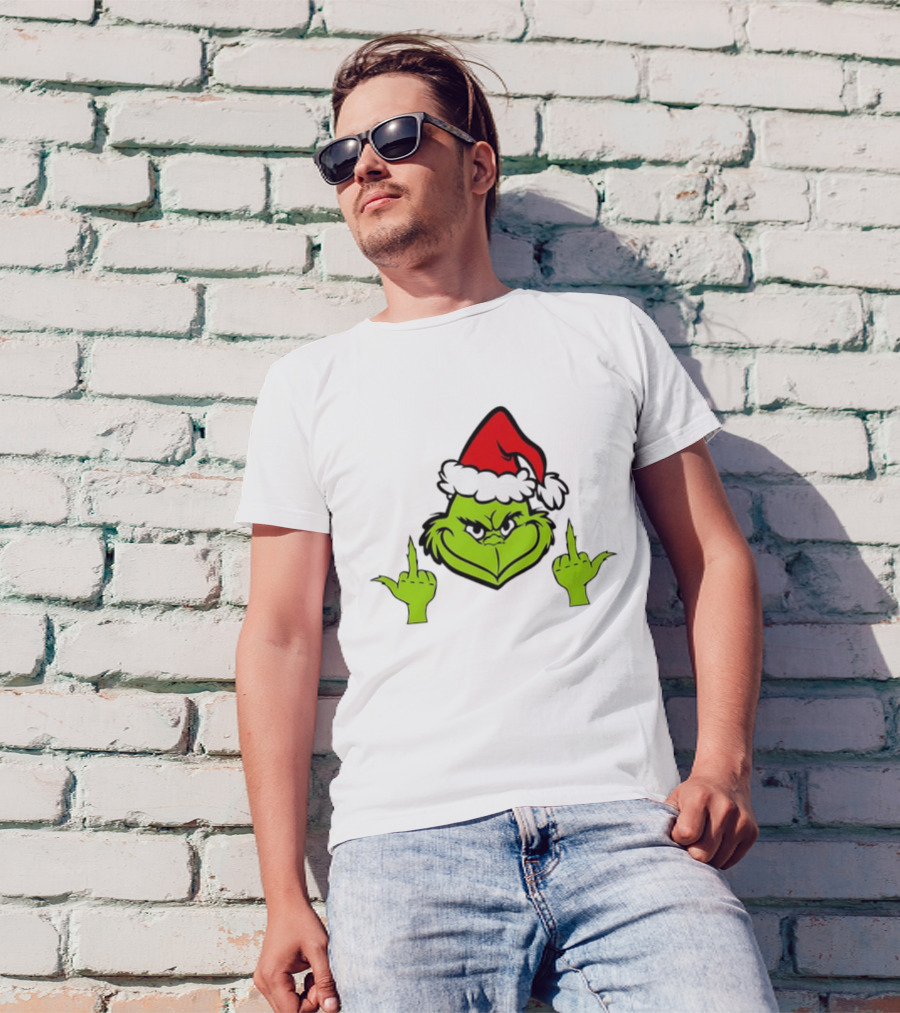 Grinch Middle Finger Funny Grinchmas Santa Claus Iconic Holiday Humor T-Shirt