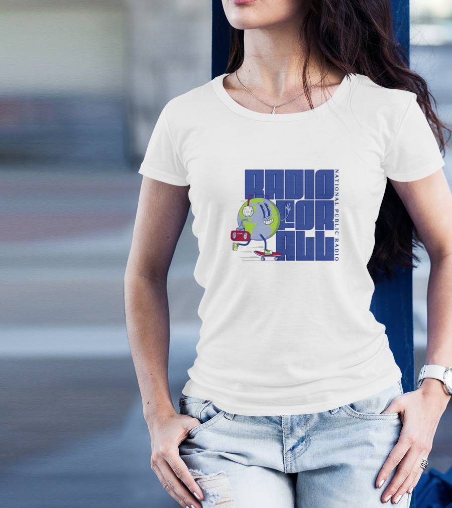 RADIO FOR ALL National Public Radio Cartoon Skateboarding Globe T-Shirt