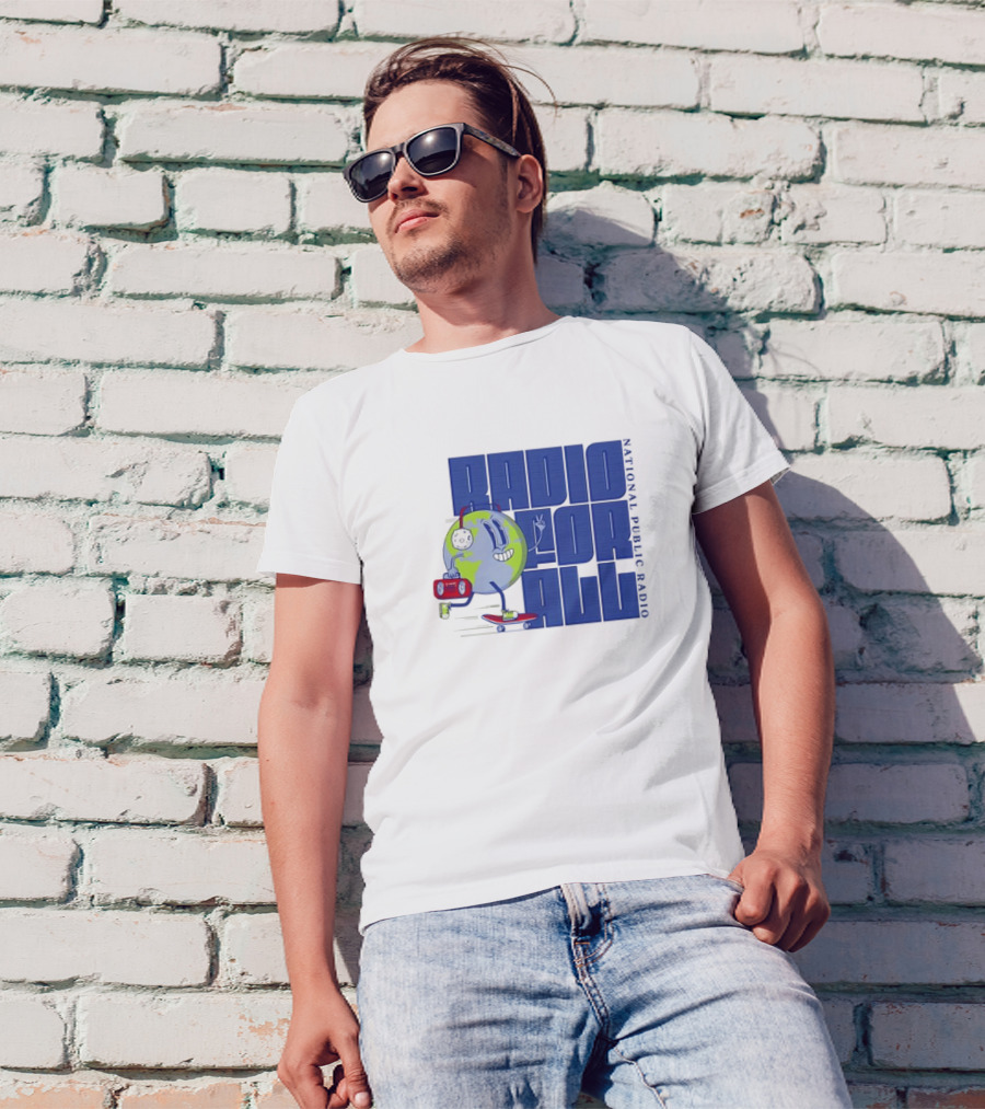 RADIO FOR ALL National Public Radio Cartoon Skateboarding Globe T-Shirt