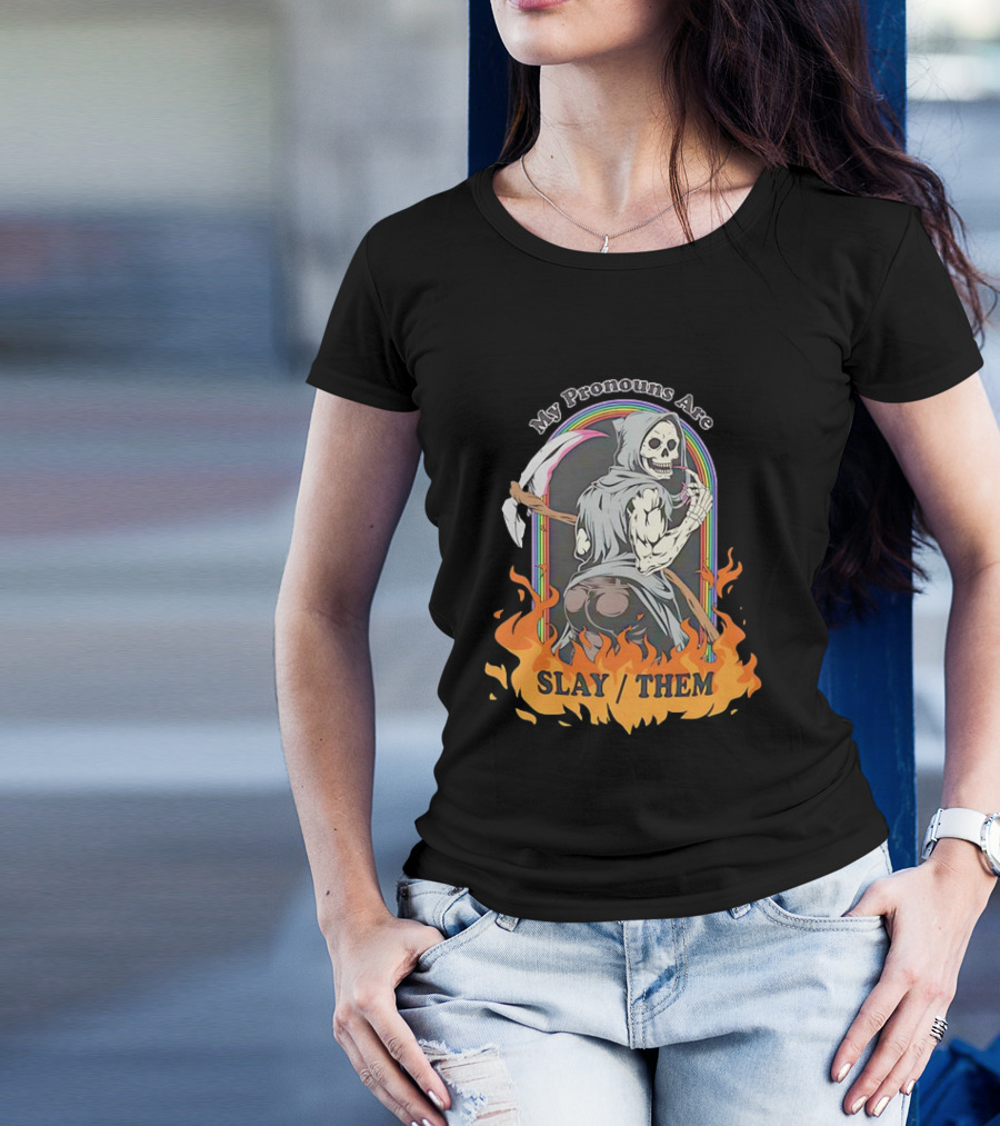 Skeleton My Pronouns Are Slay Them Cartoon Retro Rainbow Flames T-Shirt