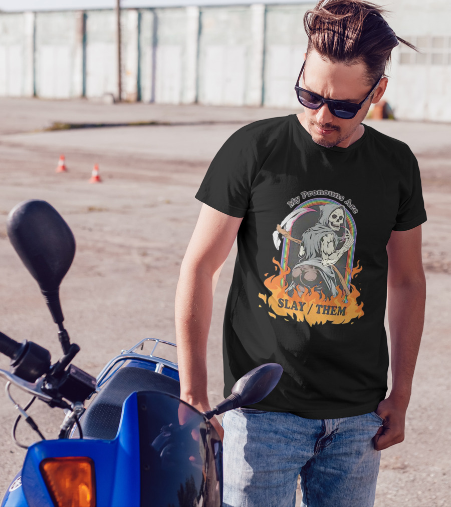 Skeleton My Pronouns Are Slay Them Cartoon Retro Rainbow Flames T-Shirt