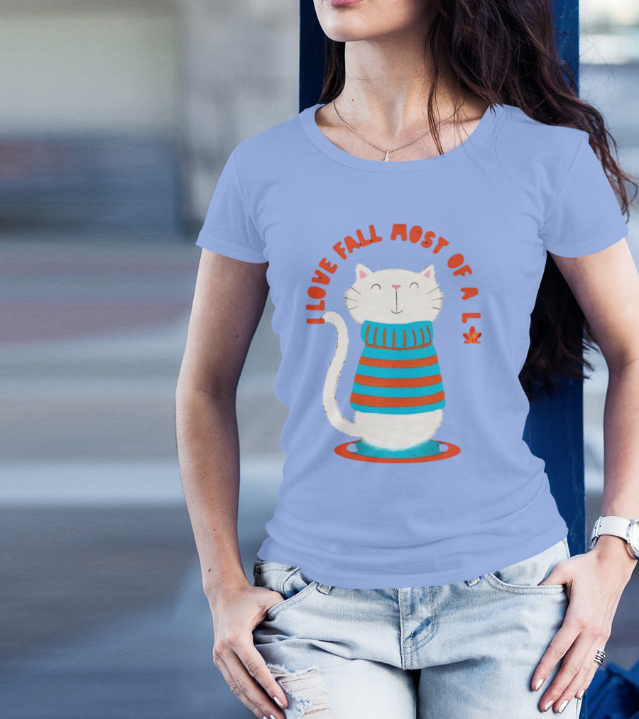 I Love Fall Most Of All Cat In Striped Sweater With Leaf T-Shirt
