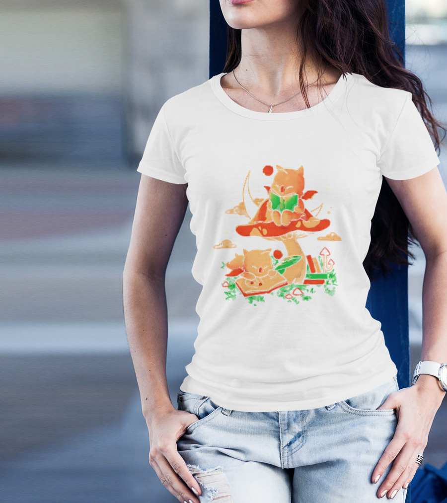 Cat Kupo Moogles Reading On Mushroom With Books T-Shirt
