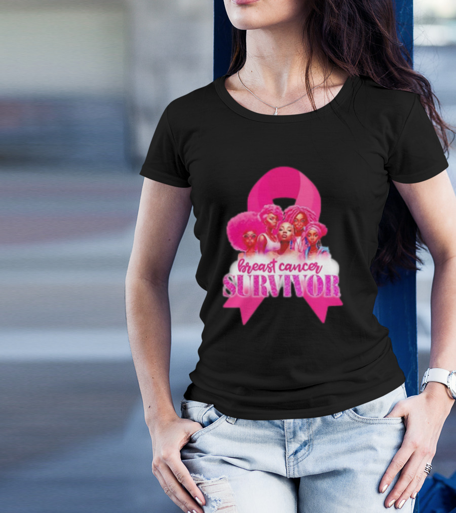 Breast Cancer Survivor Pink Ribbon Black Women Melanin Warrior T-Shirt