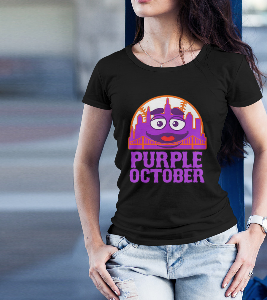 Grimace Purple October New York Mets MLB Skyline Baseball T-Shirt
