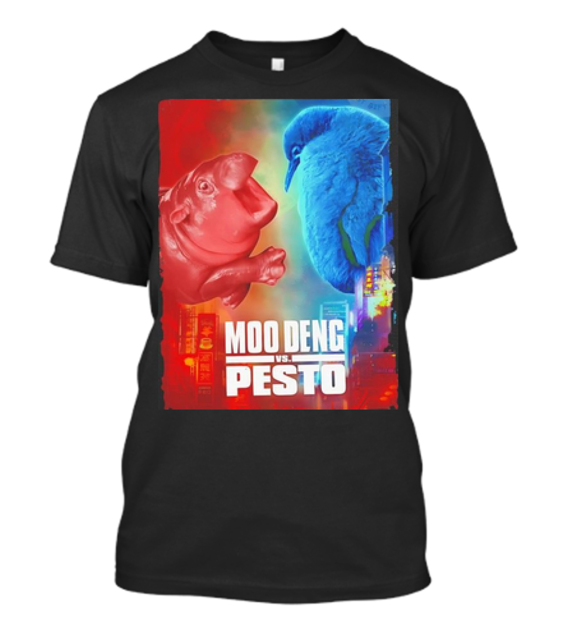 Moo Deng Vs Pesto Hippo Red Vs Blue Bird Showdown T-Shirt