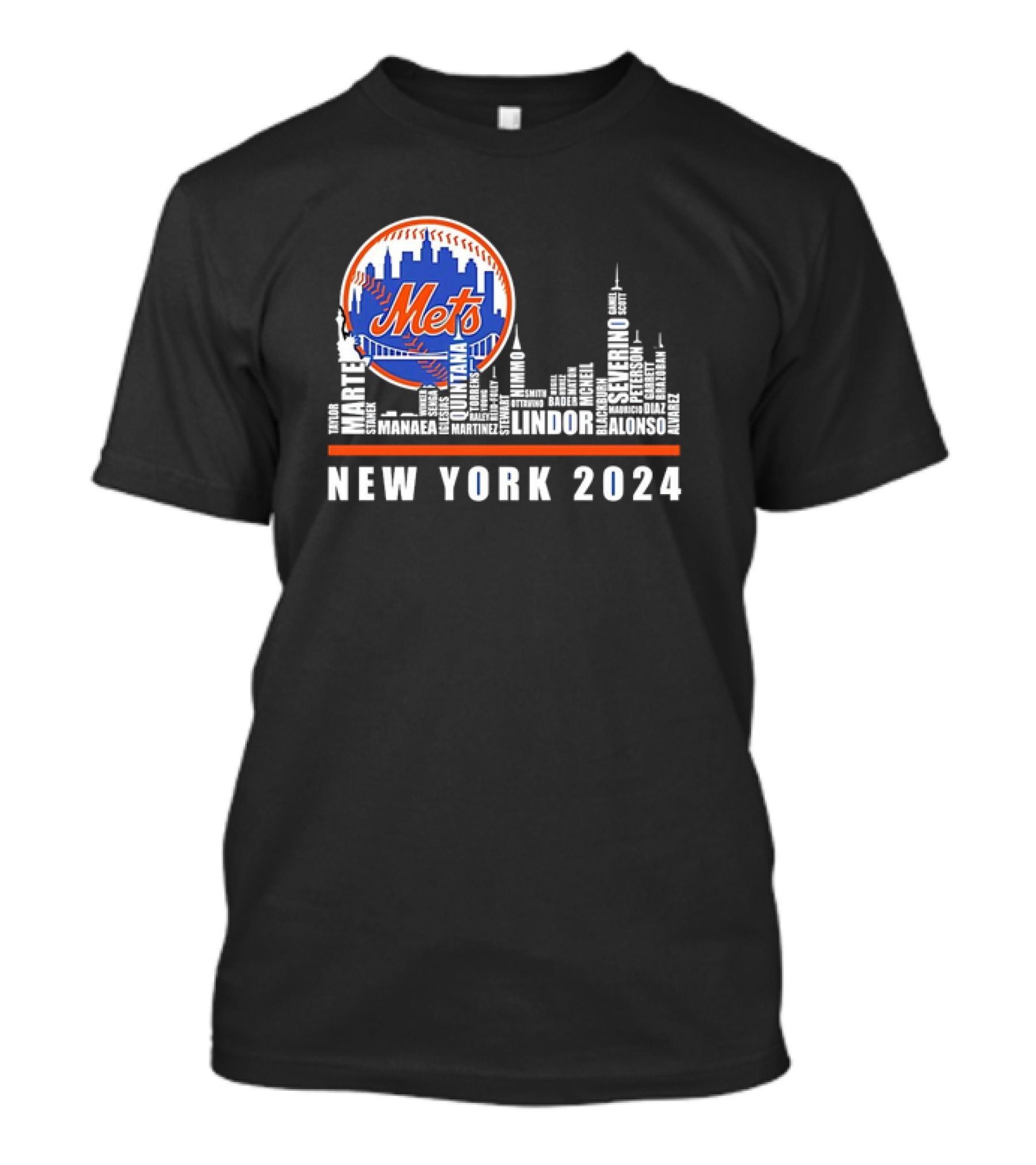 New York Mets 2024 Player Names Skyline Silhouette With Mets T-Shirt