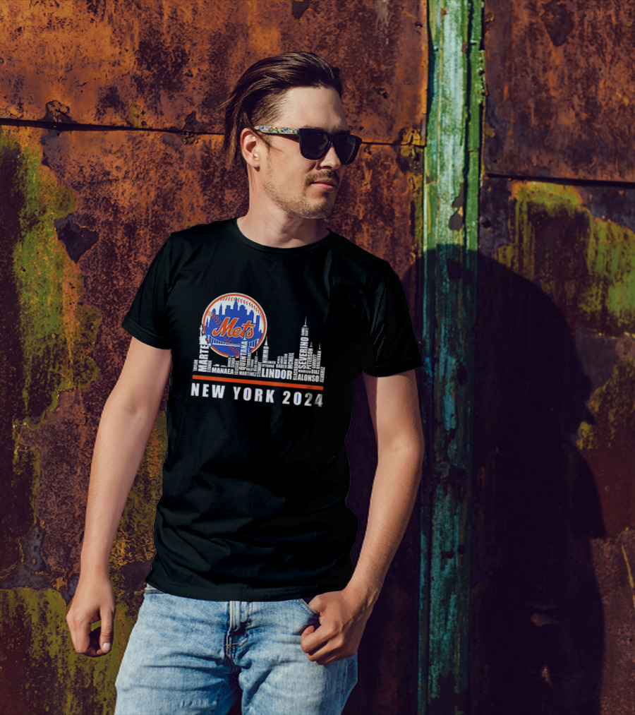 New York Mets 2024 Player Names Skyline Silhouette With Mets T-Shirt