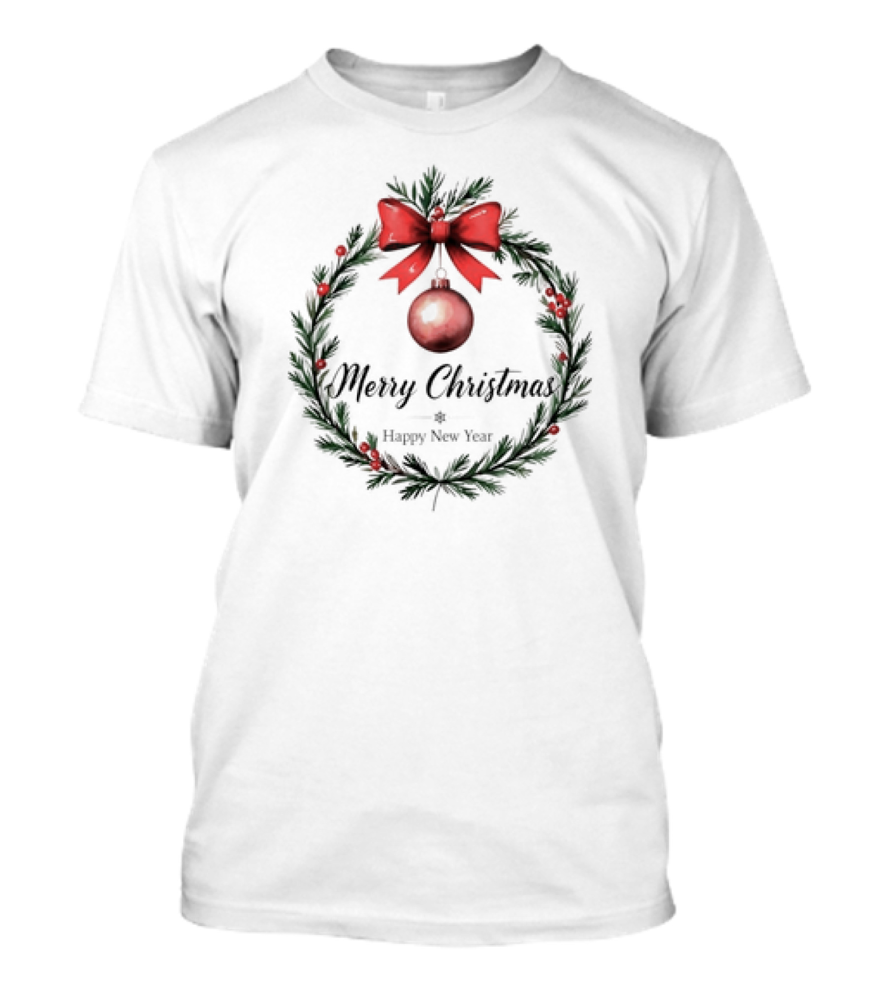 Merry Christmas Happy New Year 2024 Wreath With Red Bow T-Shirt