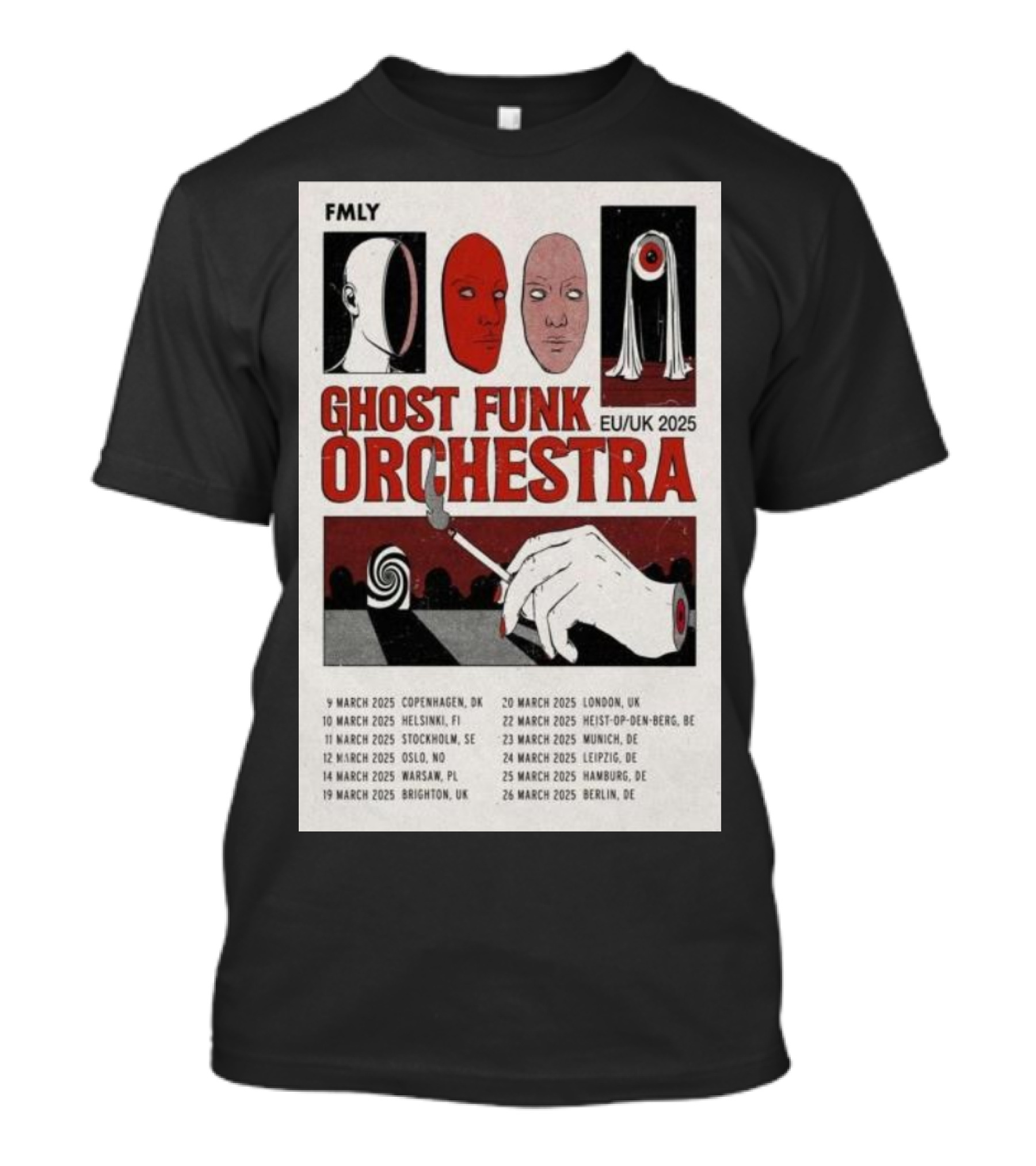 FMLY Ghost Funk Orchestra EU UK 2025 Tour Poster With Faces And Hand Symbol March Dates T-Shirt